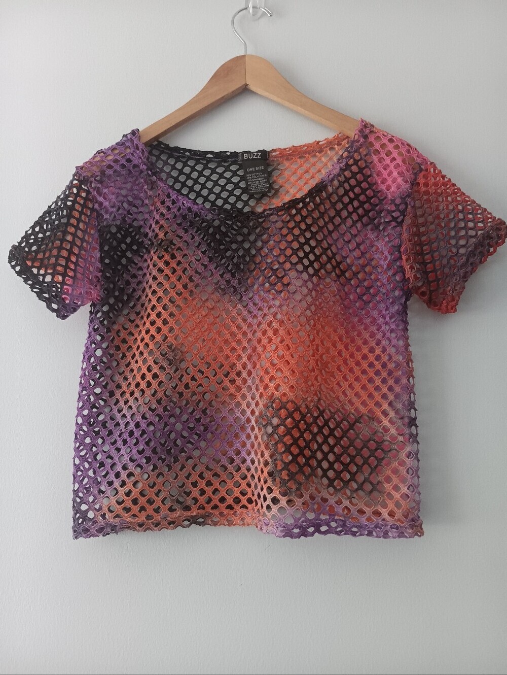 Buzz Y2K Purple Orange Tie Dye Open Mesh Rave Layering Top OS